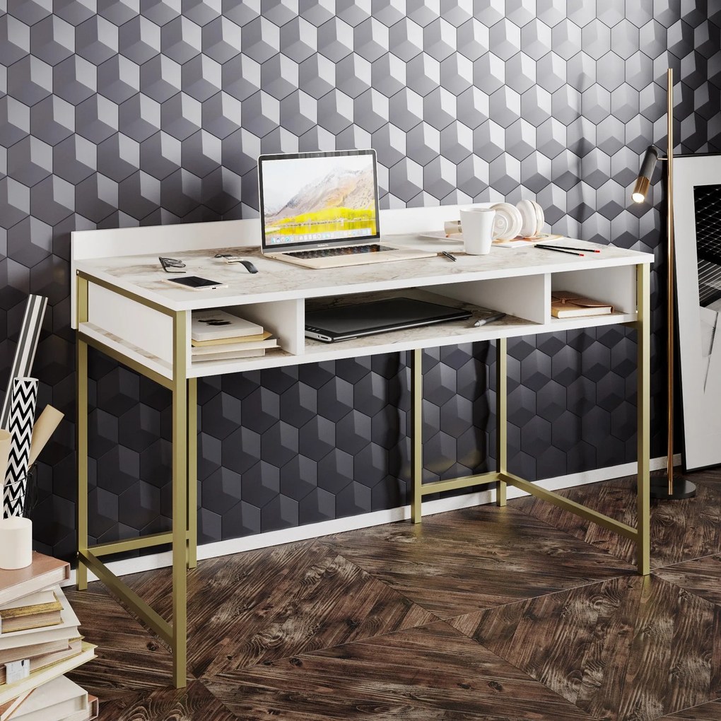 Secretária de Estudo Tumata - Dourado e Branco - 120x75x60 cm