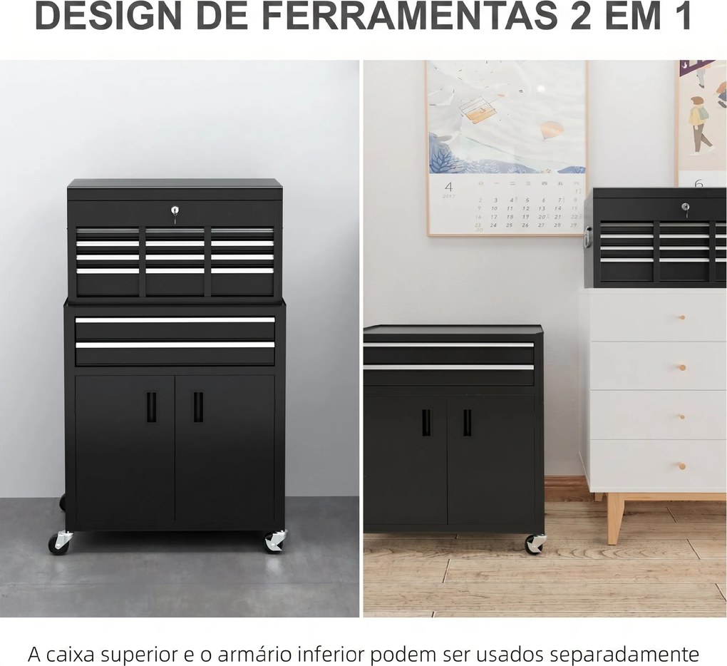 Carro de Ferramentas com Baú Superior, 6 Gavetas, Armário, Fechadura e 4 Ganchos para Garagem e Casa, Preto