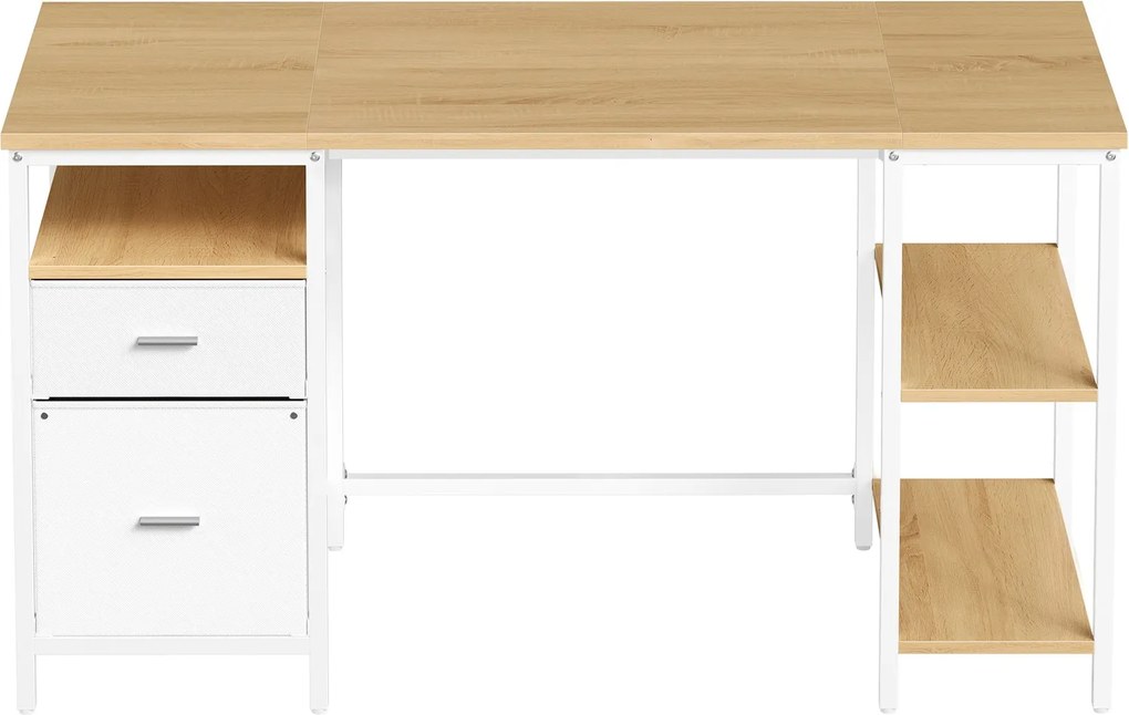 Secretária com 3 prateleiras e 2 gavetas 140 x 60 x 76 cm em cor de carvalho natural-branco