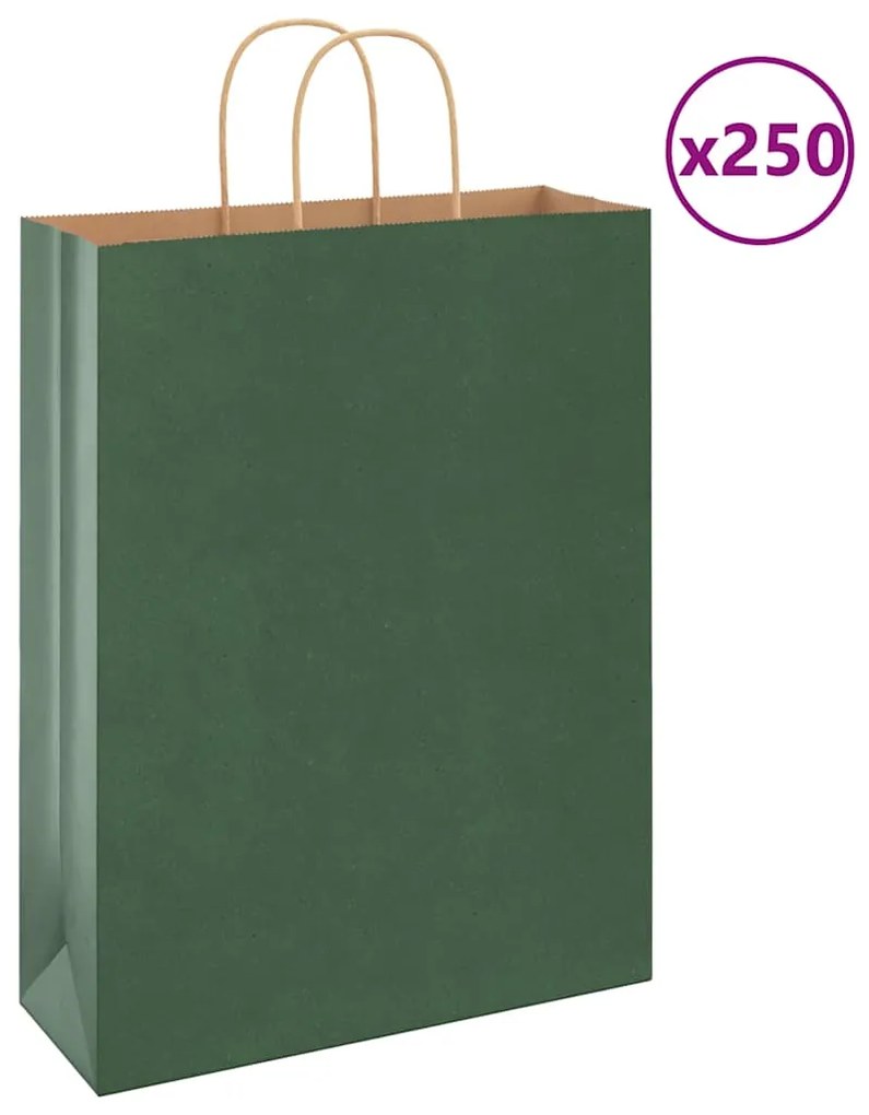 vidaXL Sacos de papel 250 unid com alças verde 32x12x42 cm