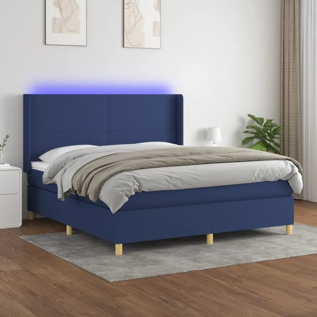 Cama box spring c/ colchão e LED 180x200 cm tecido azul