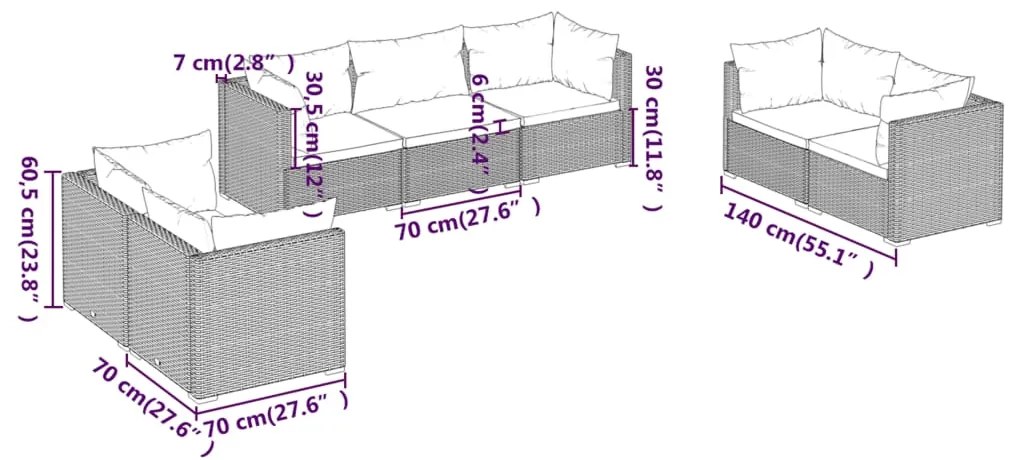 7 pcs conjunto lounge de jardim c/ almofadões vime PE preto