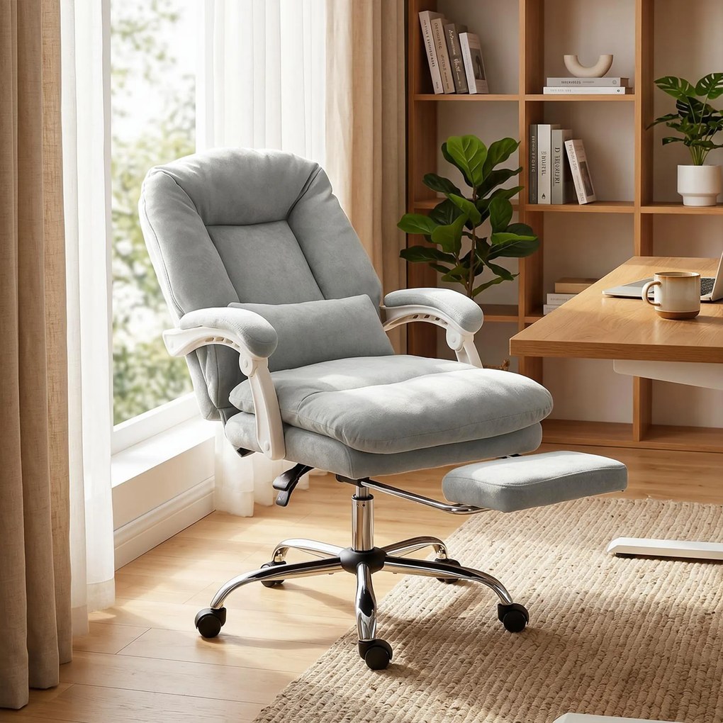 Cadeira de escritório ergonómica, cadeira de escritório reclinável em veludo com apoio lombar, altura ajustável, cinzento claro