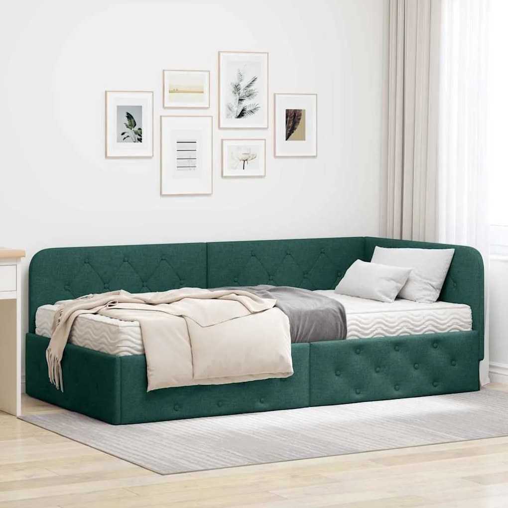 vidaXL Estrutura de Cama de Canto Verde Escuro 90 x 190 cm tecido