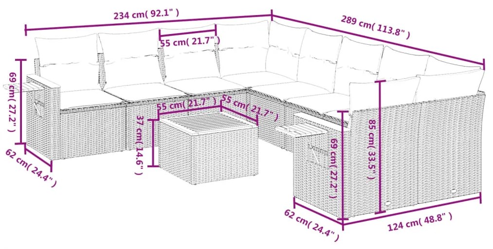 9 pcs conjunto de sofás p/ jardim com almofadões vime PE bege