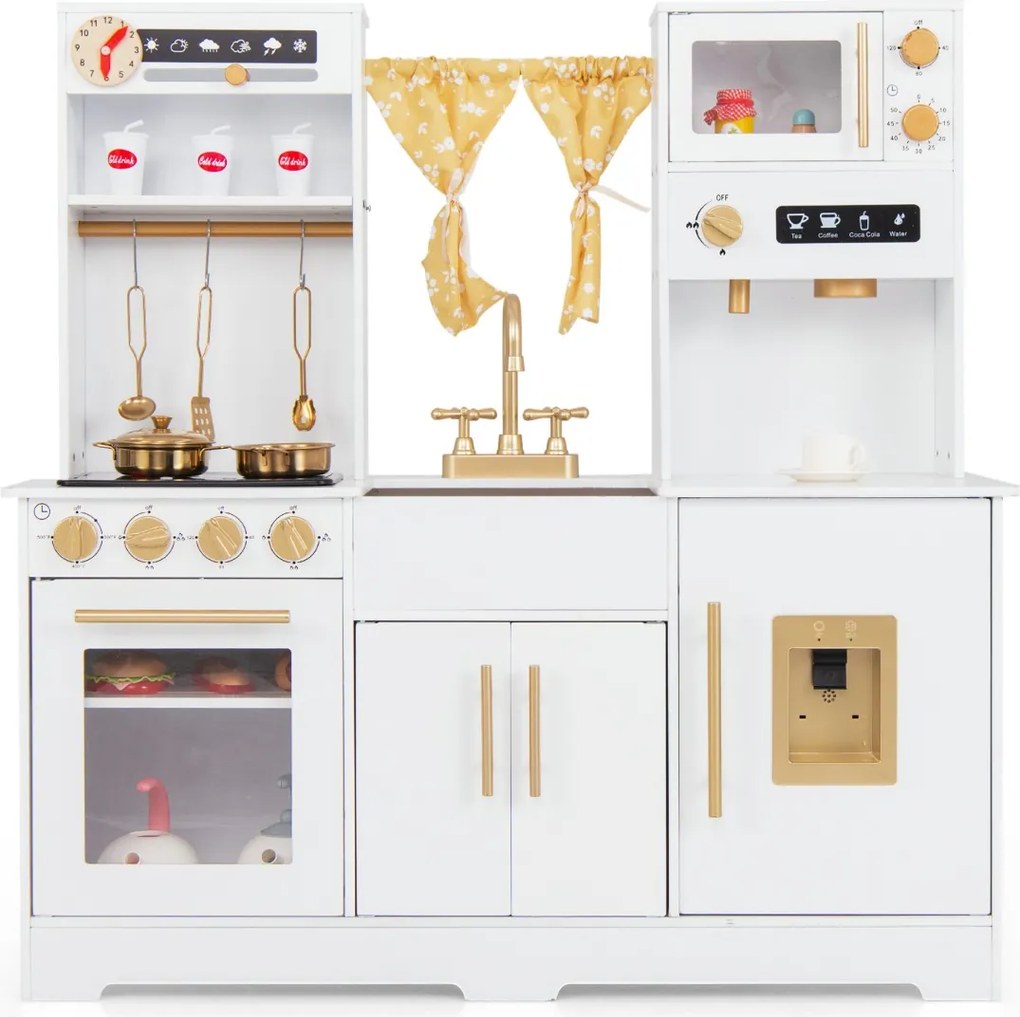 Cozinha de brincar para crianças com cafeteira Lava-loiça Torneira Fogão Dispensador de água Forno micro-ondas Forno Utensílios Cortina Sons e luzes B