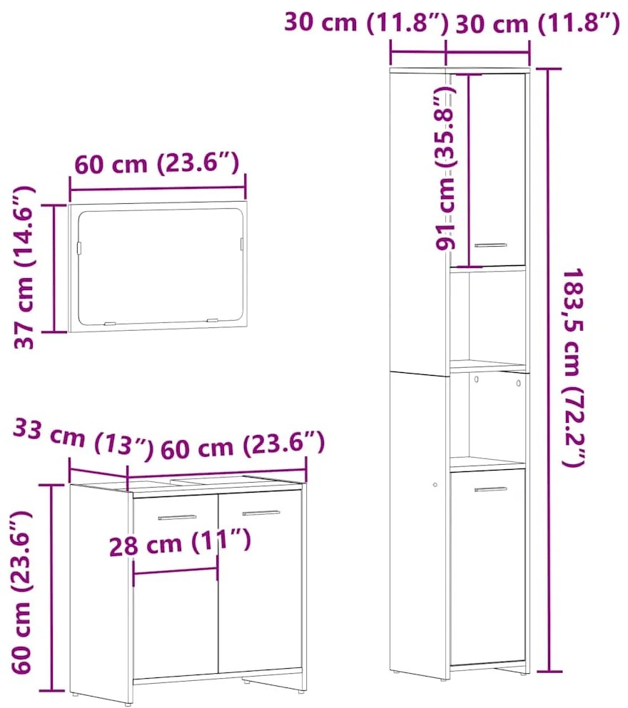 3 pcs conj. móveis casa banho derivados madeira madeira velha