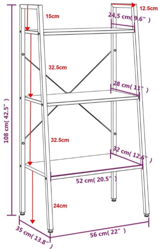 Estante de pé 3 prateleiras 56x35x108 cm castanho-claro e preto