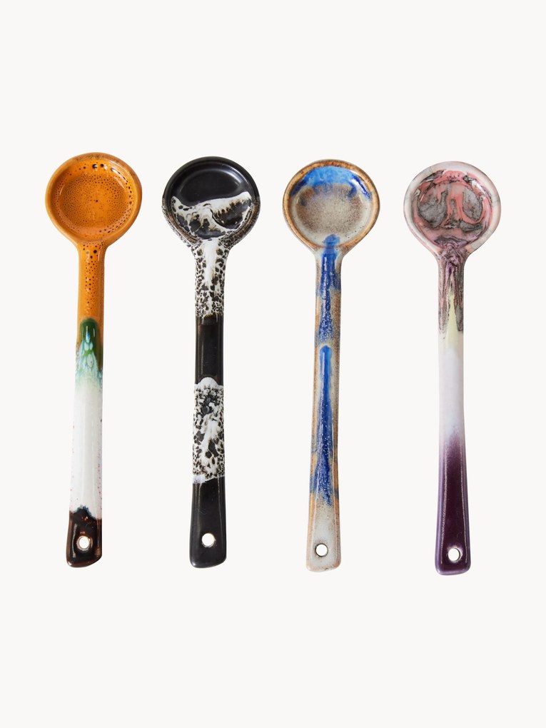 Colheres em cerâmica pintadas à mão com vidrado reativo 70's, conjunto de 4