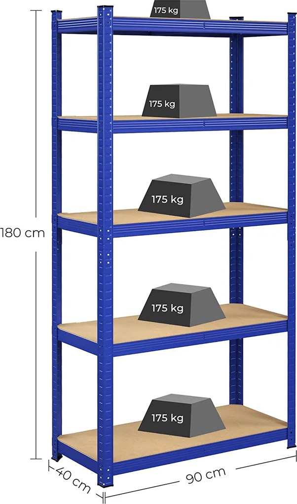 Conjunto 2 Estantes de arrumação garagens, armazem, arrumos com 5 níveis 40 x 90 x 180 cm Azul