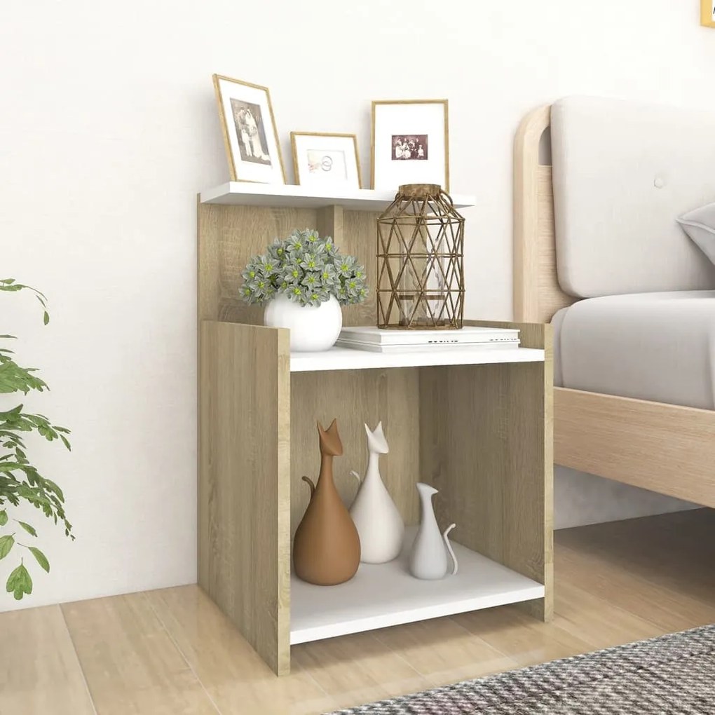 vidaXL Mesa cabeceira 40x35x60 cm contraplacado branco/carvalho sonoma