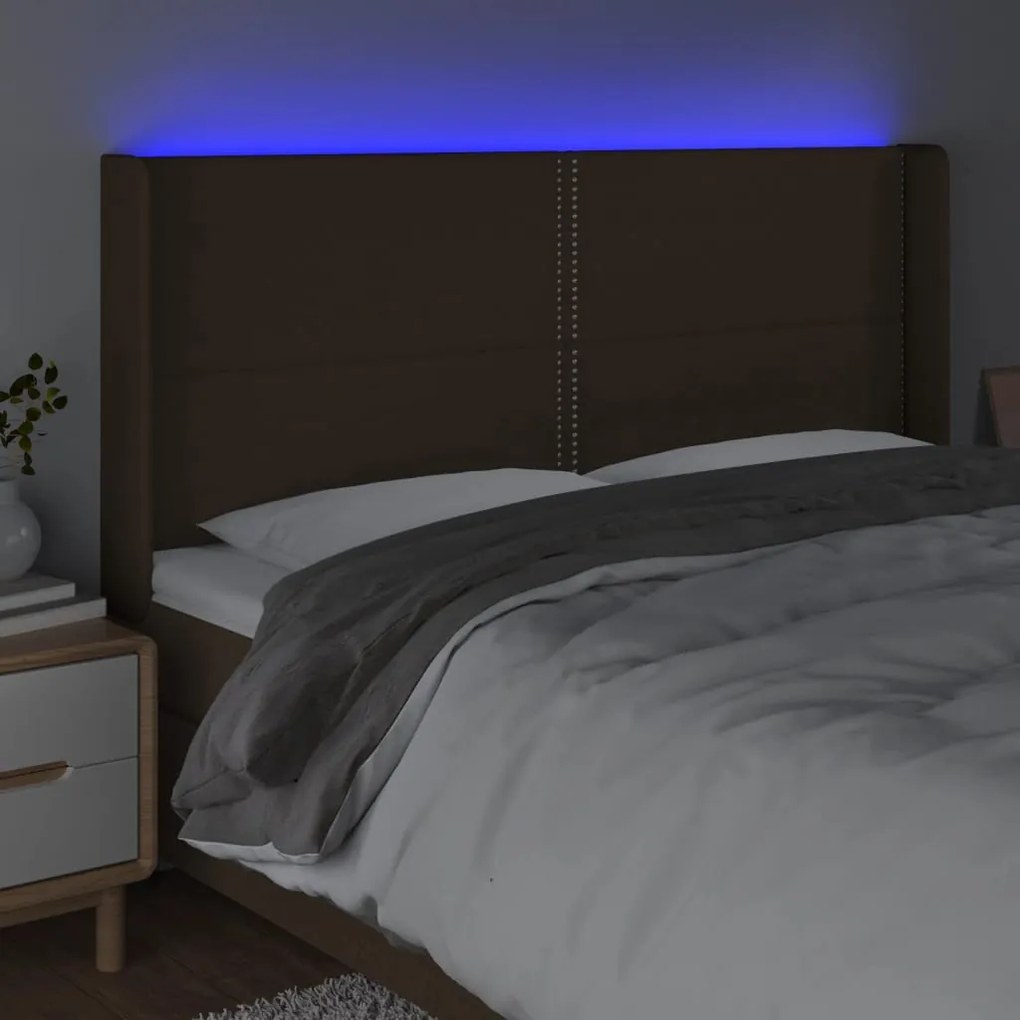 Cabeceira de cama c/ luzes LED tecido 183x16x118/128cm castanho