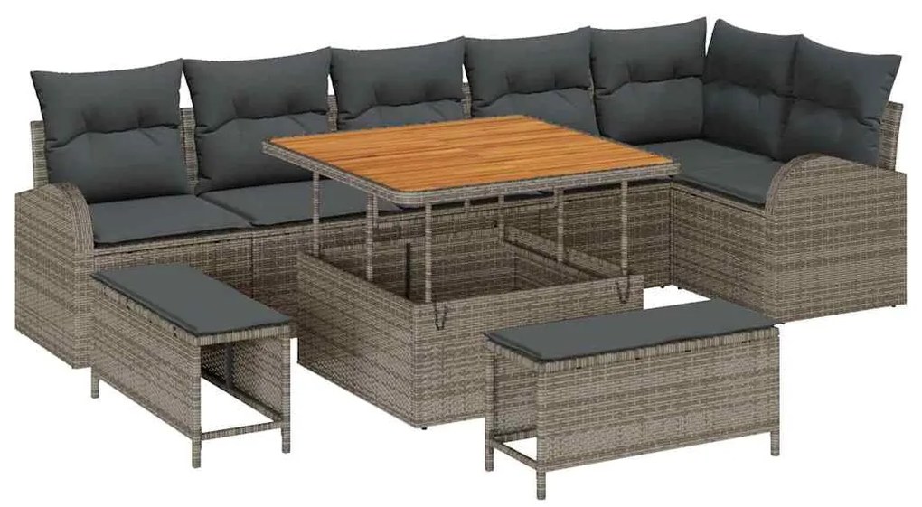 Conjunto de Sofá de Jardim de 9 Peças com Almofadas Cinzas em Polyratt