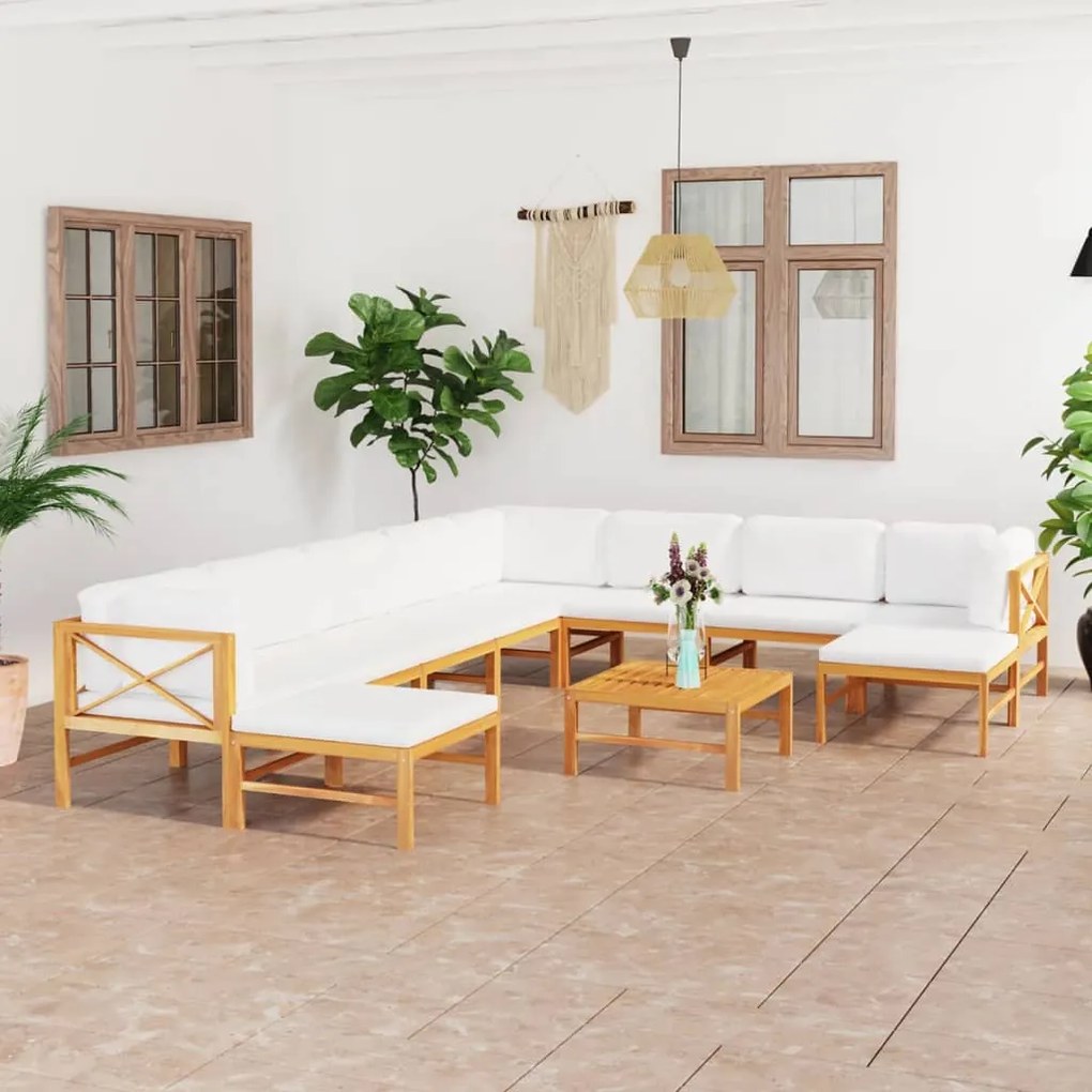 vidaXL 11 pcs conj. lounge jardim c/ almofadões cor creme teca maciça