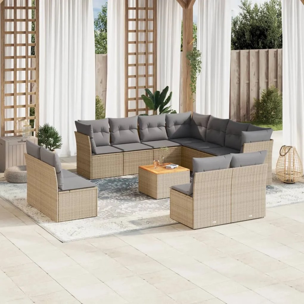 12 pcs conj. sofás jardim c/ almofadões vime PE bege misturado