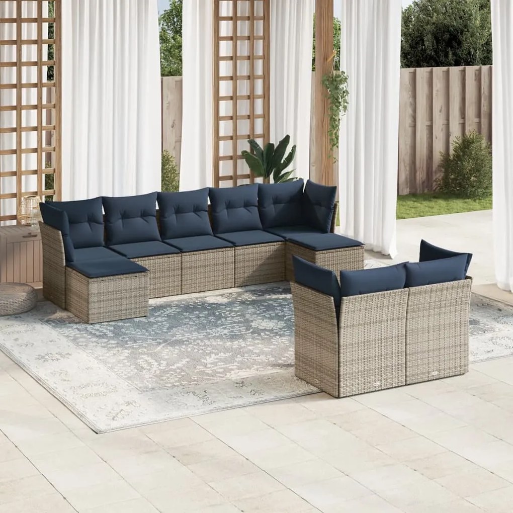 vidaXL 9 pcs conjunto sofás p/ jardim c/ almofadões vime PE cinzento