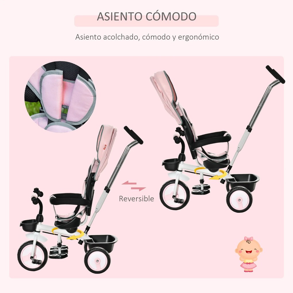 HOMCOM Triciclo para Bebé 2 em 1 Triciclo Evolutivo para Crianças de 1-5 Anos com Capô Dobrável Guiador Telescópico Grade de Proteção Removível e Apoio para os Pés 100x48x106cm Rosa