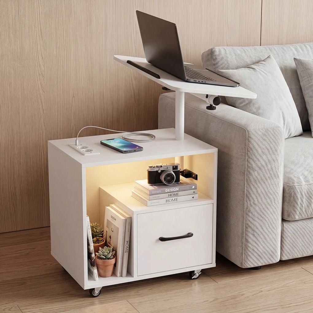 Conjunto de 2 Mesas de Cabeceira Ajustáveis, 60 x 40 x 74 cm, com Luz LED, Branco