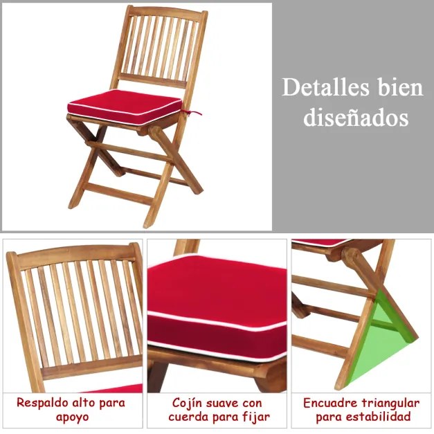 Conjunto 5 Peças Móveis Bistro de Madeira 2 Cadeiras com Almofada Mesa de Madeira de Acácia Mesa de Exterior Dobrável para Terraço Jardim Piscina Verm