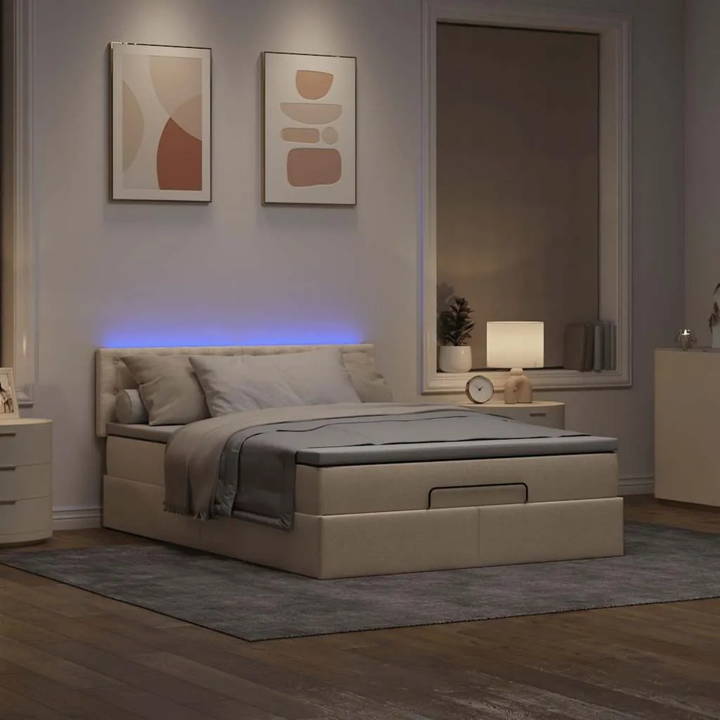 Cama Otomana com Colchão &amp; LEDs Creme 140x200 cm Tecido