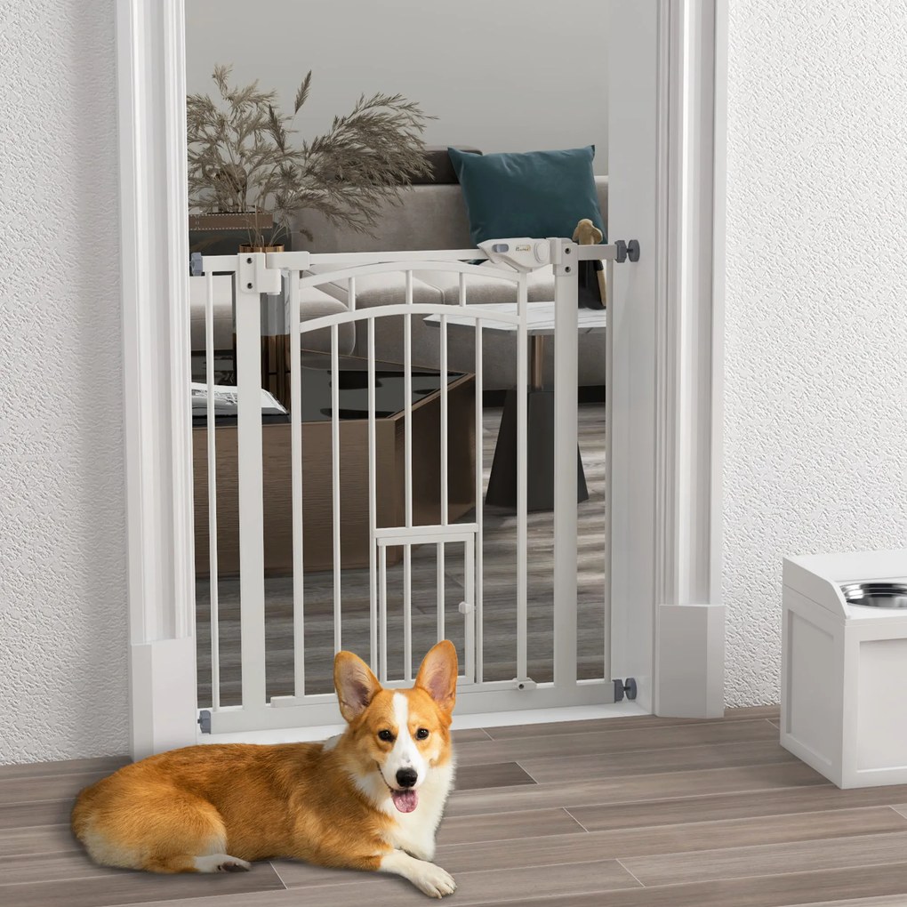Barreira de Segurança para Cães 74-80 cm Porta de Segurança para Animais com Montagem a Pressão e Duplo Bloqueio Branco