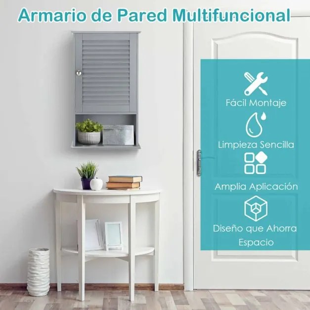 Armário de parede para casa de banho com porta e 3 estantes em MDF para arrumação de toalhas 42 x 17 x 70 cm Cinzento