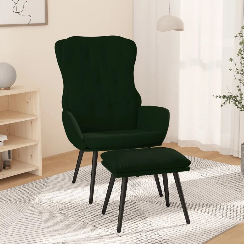 vidaXL Cadeira de descanso com banco p/ pés veludo verde-escuro