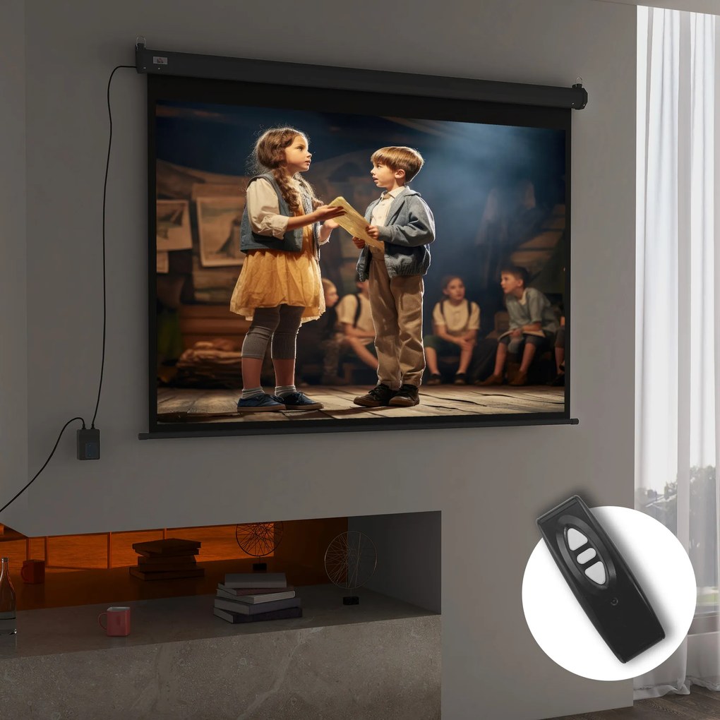 Ecrã de videoprojetor 191 x 8 x 130 cm motorizado e elétrico de 84 polegadas, 4:3, 4K HD, painel de controlo e comando à distância