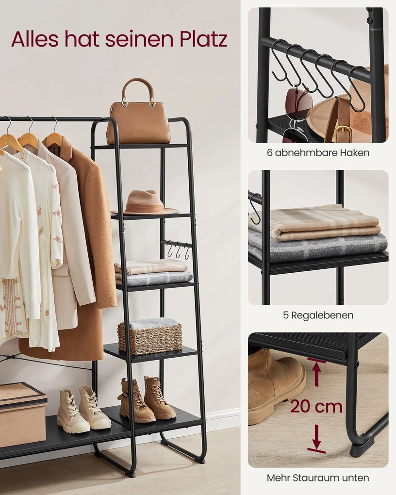 Guarda roupa aberto com prateleiras e com 6 ganchos 45 x 120 x 160 cm Preto