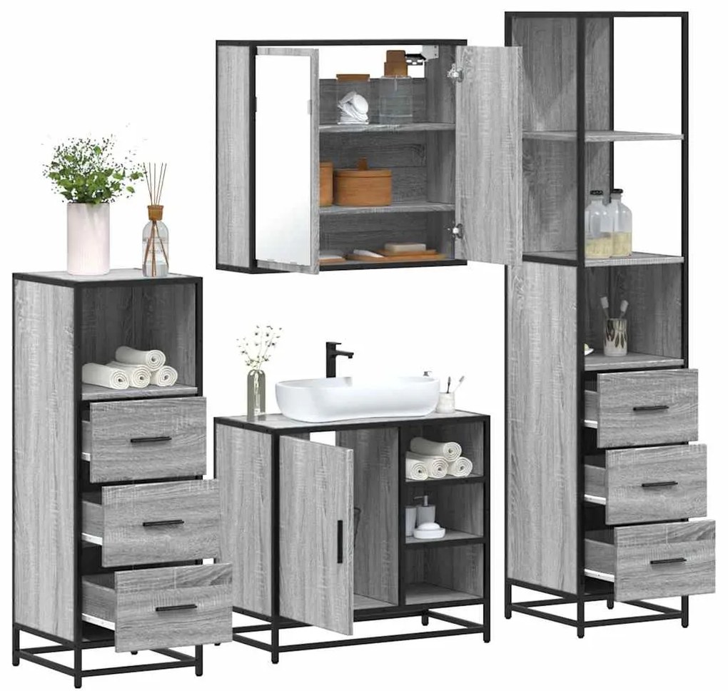 4 pcs Conjunto móveis casa de banho madeira proc. cinza sonoma