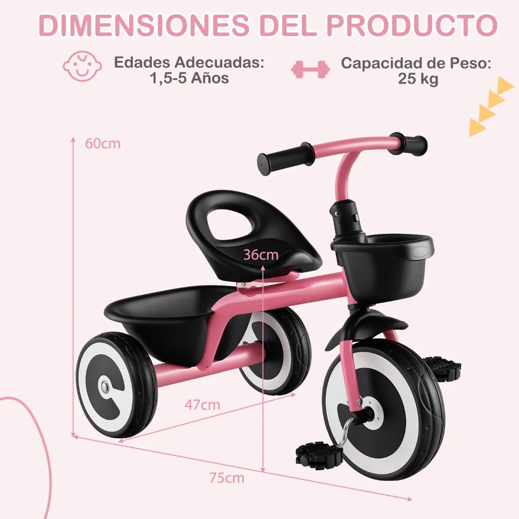 Triciclo infantil de 3 rodas com assento ajustável, cestos dianteiro e traseiro, estrutura em ferro, para 1,5 a 5 anos Rosa