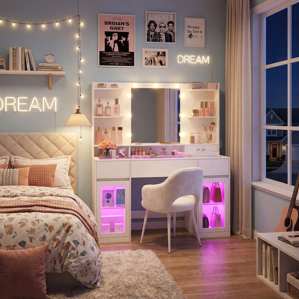 Toucador com espelho 107 x 40 x 144,5 cm (CADEIRA NÃO INCLUIDA), iluminação RGB, tomada e 2 armários Branco