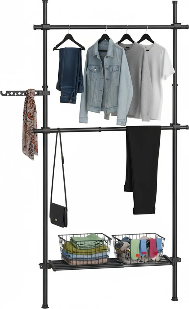 Guarda-roupa aberto com 2 varões e 1 prateleira com 3 níveis 33,5 x (84-123) x (220-300) cm , ajustável em altura e largura Preto