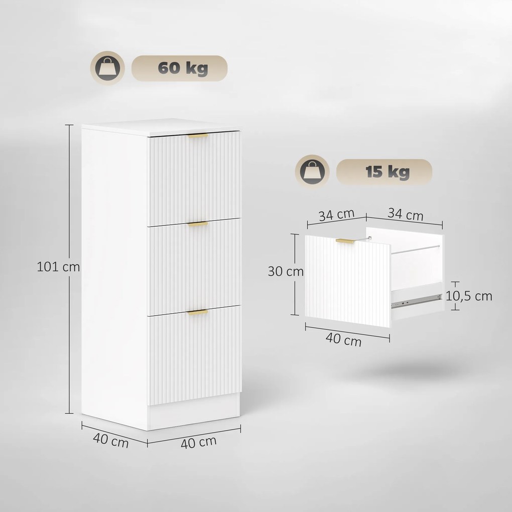 Bloco de Gavetas de Escritório com 3 Gavetas Frentes Caneladas Móvel para Arquivo para Tamanho A4 ou Carta 40x40x101 cm Branco