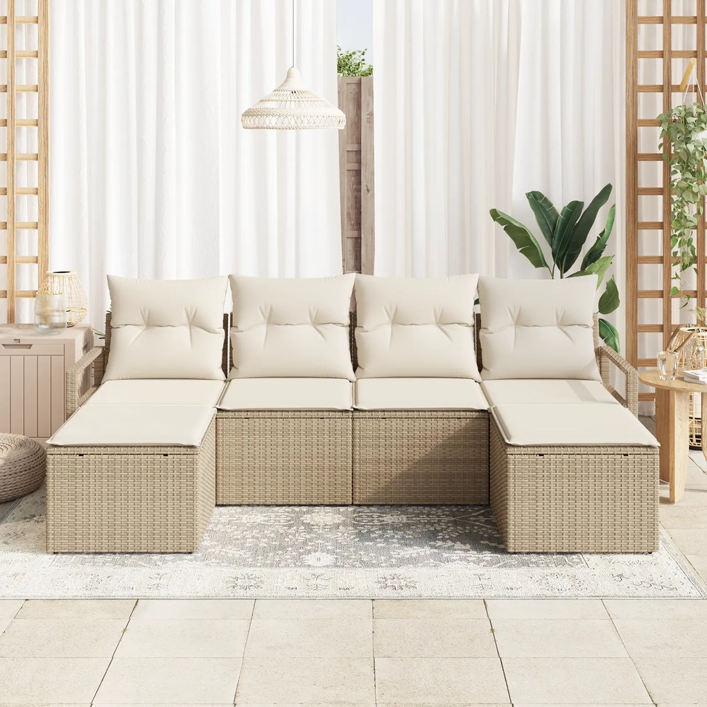Conjunto de Sofá de Jardim de 6 Peças com Almofadas Bege Poliéster