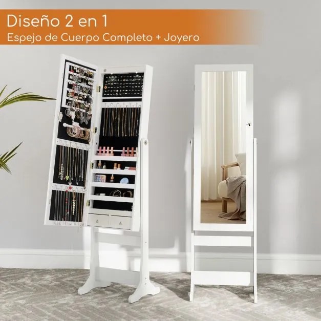 Armário para joias com espelho de corpo inteiro e luzes LED 4 ângulos de inclinação ajustáveis 41 x 37 x 146 cm Branco