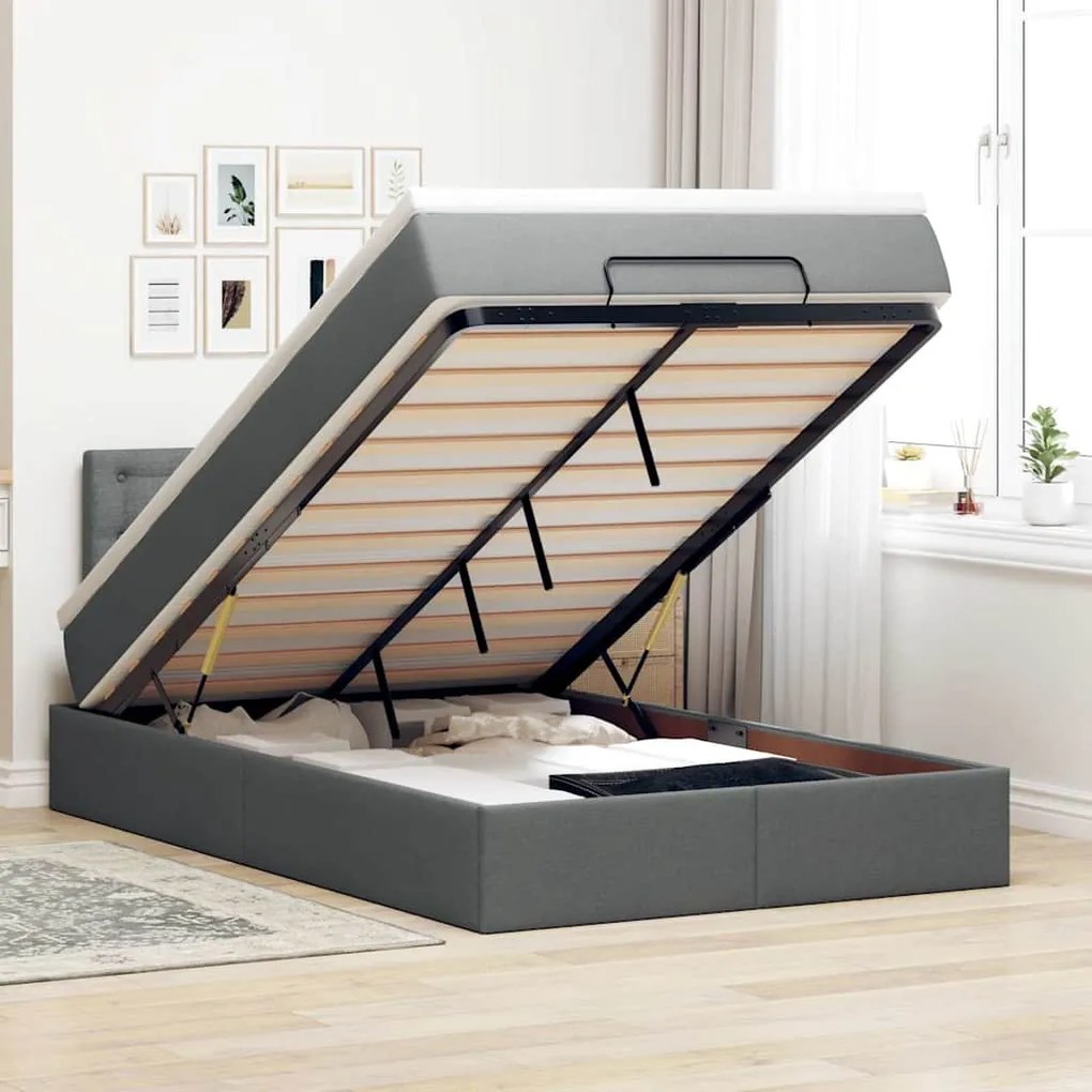 Cama otomana com colchão&LEDs 120x200 cm tecido cinzento escuro