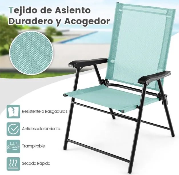 Conjunto de 2 cadeiras de jardim dobráveis portáteis com encosto em tecido Estrutura metálica para piscina Terraço 65 x 60 x 93 cm verde