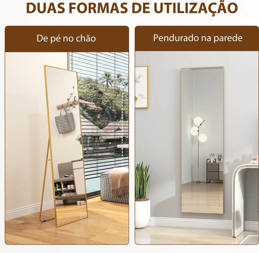 Espelho de Pé Espelho de Corpo Inteiro de Liga de Alumínio com 2 Formas de Utilização 50x161,5x2 cm Dourado