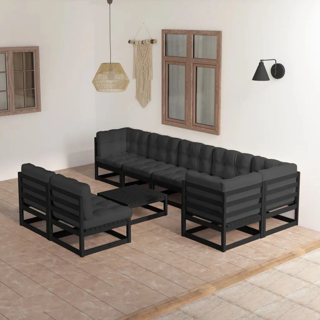 9 pcs conjunto lounge de jardim c/ almofadões pinho maciço