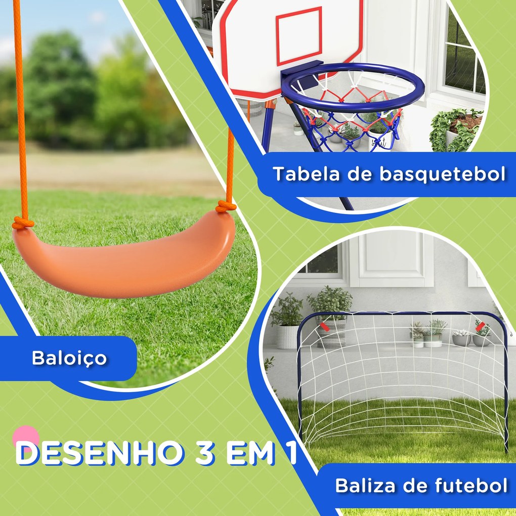 Baloiço para Crianças 3 em 1 com Tabela de Basquetebol e Baliza de Futebol Desmontável e Estrutura de Aço Multicor