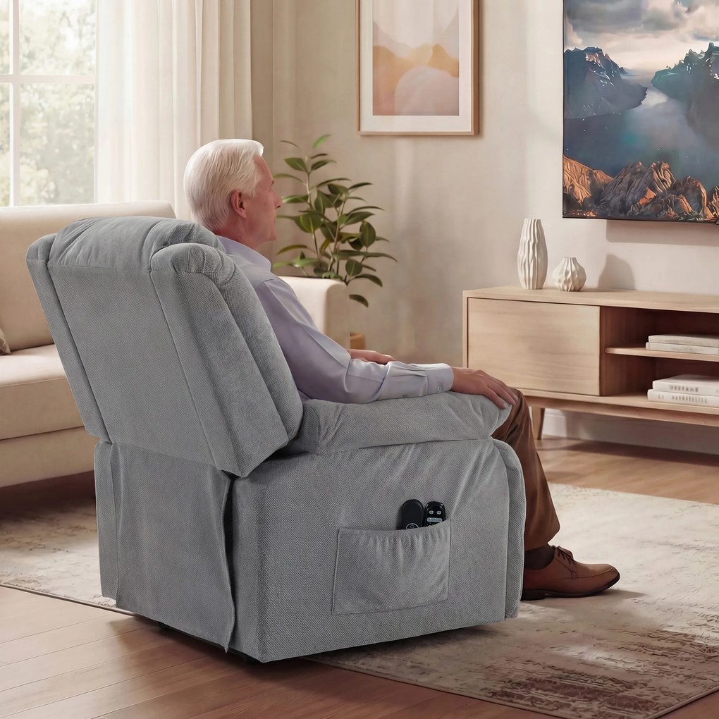 Poltrona elevatória elétrica com massagem e aquecimento, apoio para os pés, encosto reclinável, comando à distância e bolso lateral cinzento