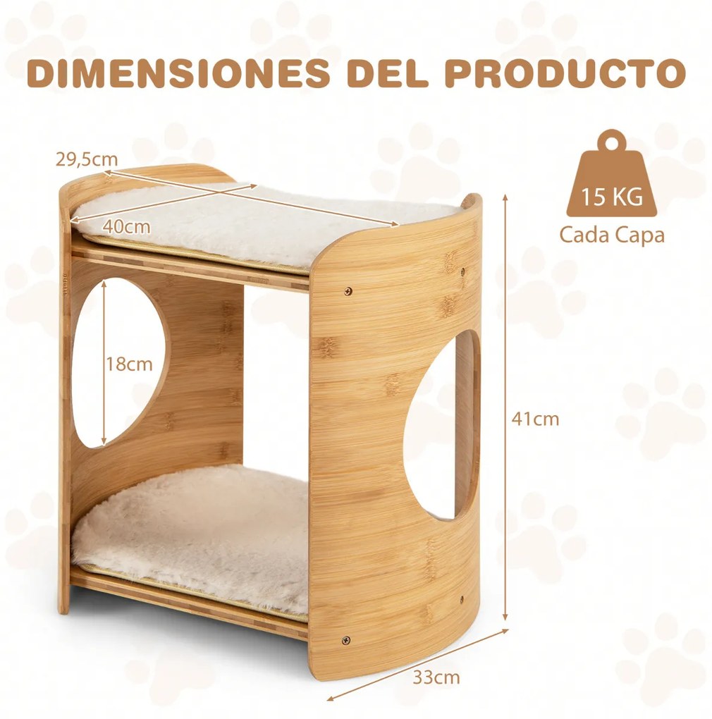 Torre para gatos pequenos de 2 níveis com estrutura de bambu Tapete de pelúcia macio amovível e lavável Buracos para gatos laváveis Bege