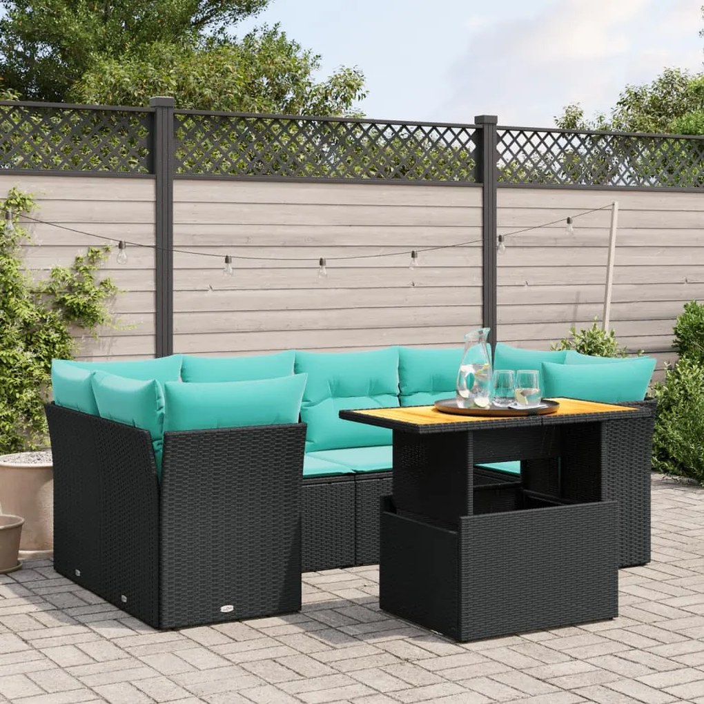 vidaXL 7 pcs conjunto de sofás p/ jardim c/ almofadões vime PE preto