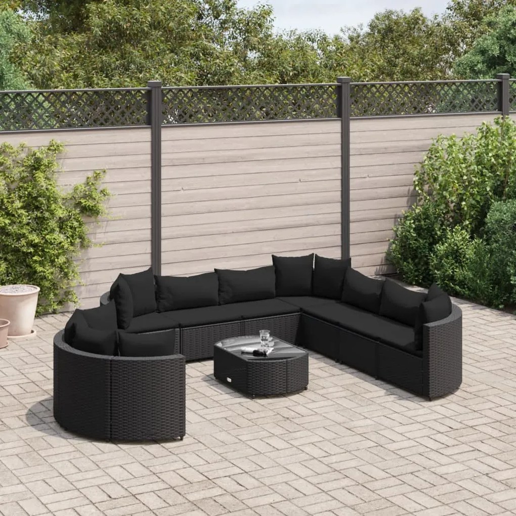 10 pcs conjunto sofás de jardim c/ almofadões vime PE preto