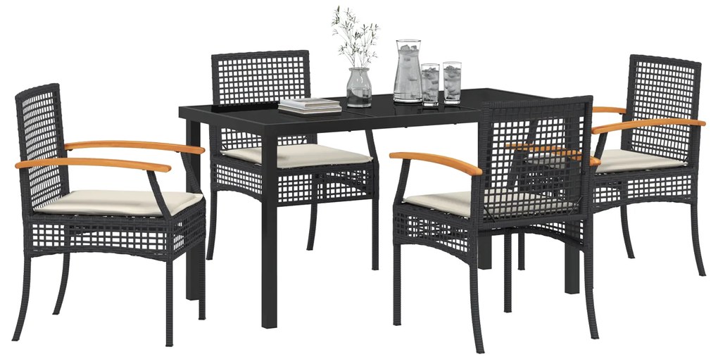 Conjunto de Jantar de Jardim com Almofadas Vime Poliéster Preto de 5 P