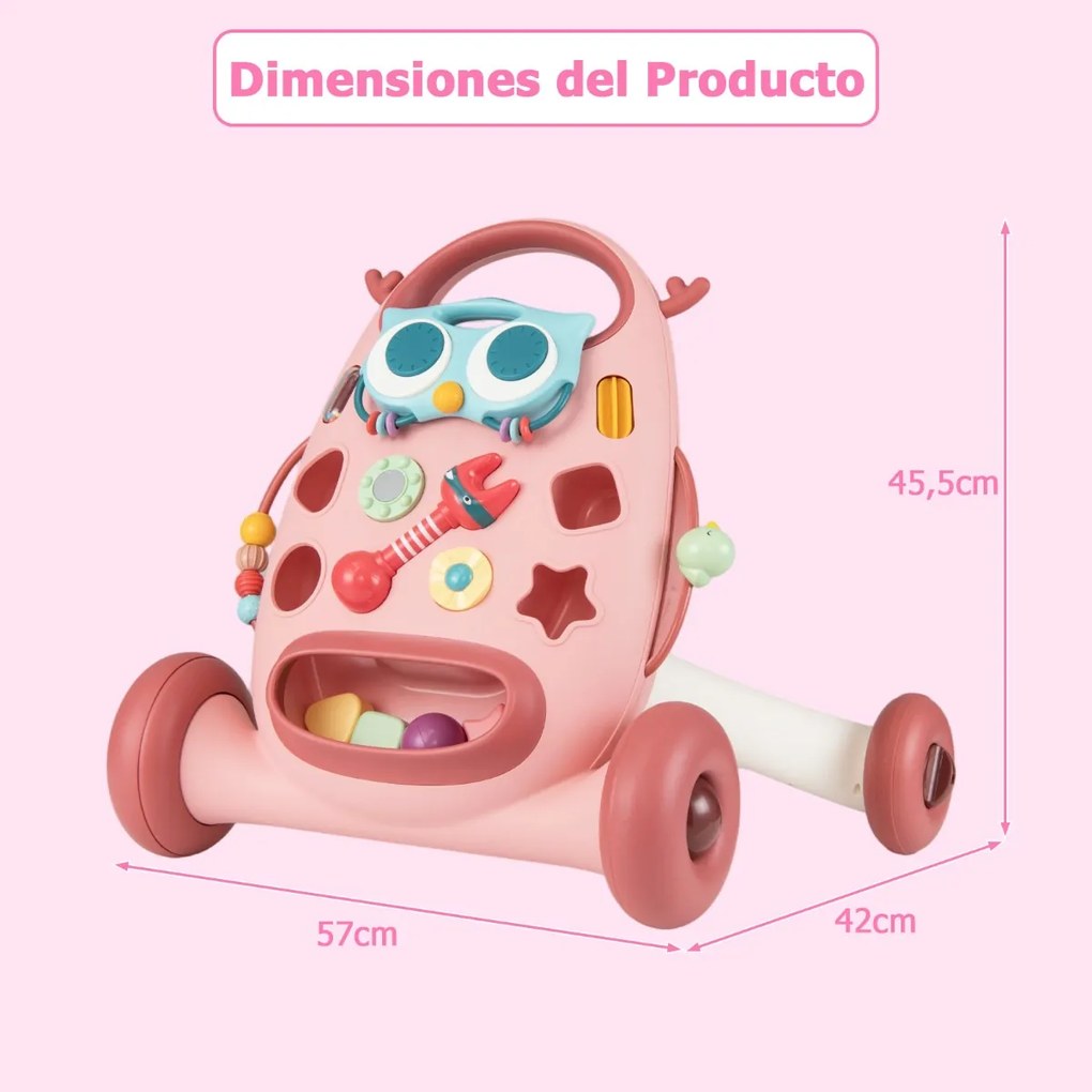Andador Montessori bebés com Reprodutor Oval Removível Classificador de Formas Maracas Pássaro Deslizante e 2 Giradores Rosa