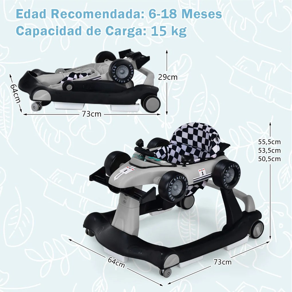 Andador 4 em 1 para crianças, dobrável, atividade de empurrar, com altura ajustável e carrilhão de velocidade com luzes, volante Cinzento