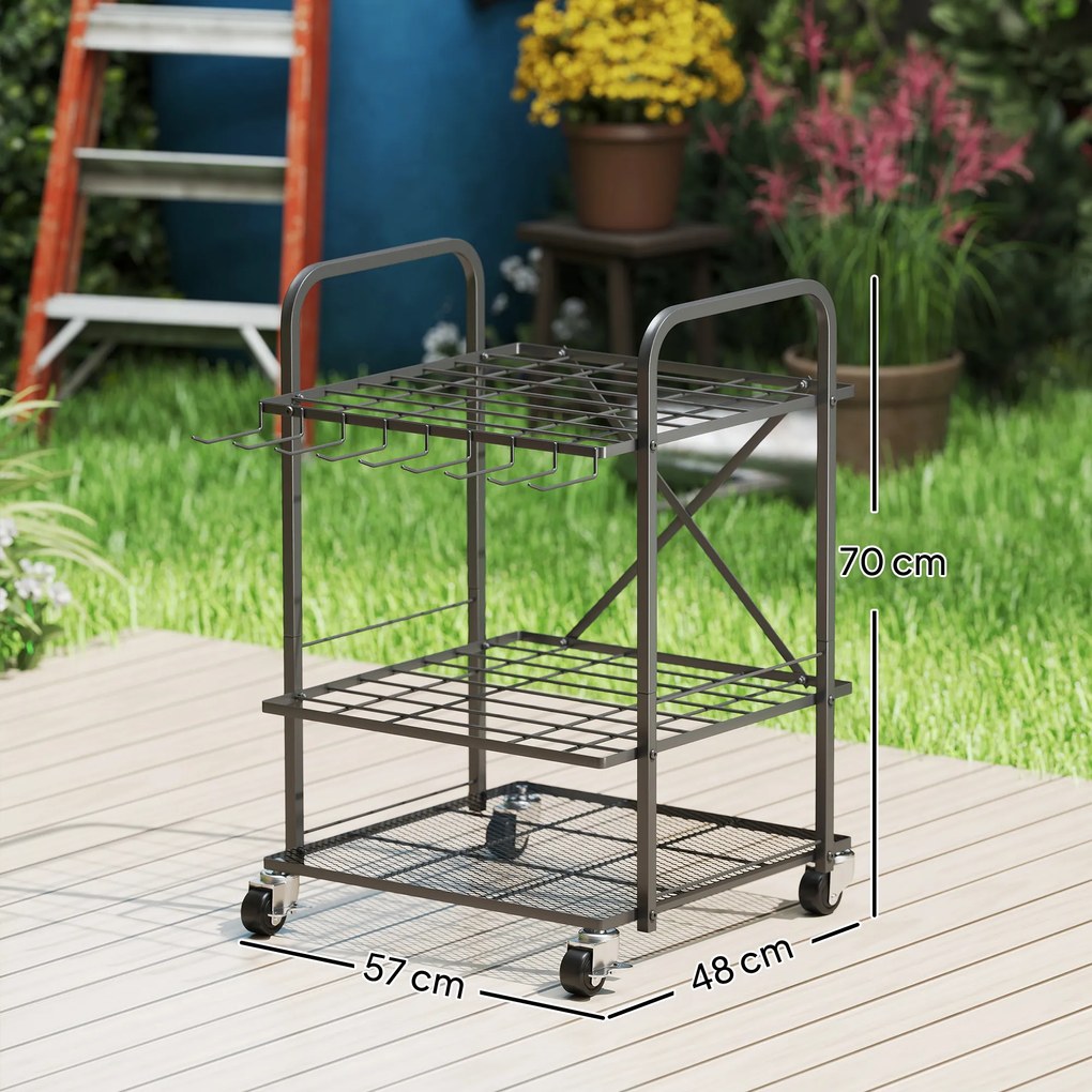 Organizador de ferramentas de jardim, suporte para ferramentas de jardim com 40 compartimentos em 2 níveis e rodas, 57 x 48 x 70 cm, preto
