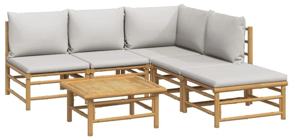 6 pcs conj. lounge de jardim bambu c/ almofadões cinzento-claro